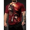 thumbnail image 1 of Men's Bold Wolf King Pattern T-Shirt - Casual Burgundy Short Sleeve Crew Neck T-Shirt with Fire Wolf Print, Lightweight Polyester Fiber, Perfect for Summer Outdoor Wear, 1 of 6