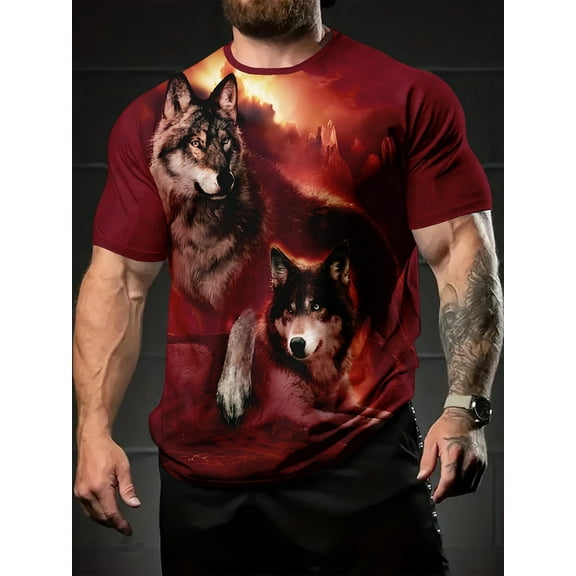 Men's Bold Wolf King Pattern T-Shirt - Casual Burgundy Short Sleeve Crew Neck T-Shirt with Fire Wolf Print, Lightweight Polyester Fiber, Perfect for Summer Outdoor Wear