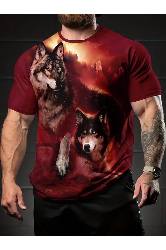 Men's Bold Wolf King Pattern T-Shirt - Casual Burgundy Short Sleeve Crew Neck T-Shirt with Fire Wolf Print, Lightweight Polyester Fiber, Perfect for Summer Outdoor Wear