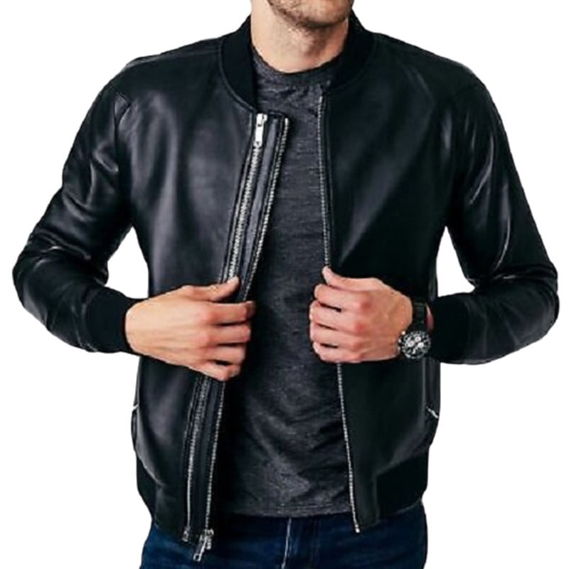 Men's Bomber Black 100% Genuine Lambskin Leather Lightweight Soft Satin lining Jackets for Men - M Size