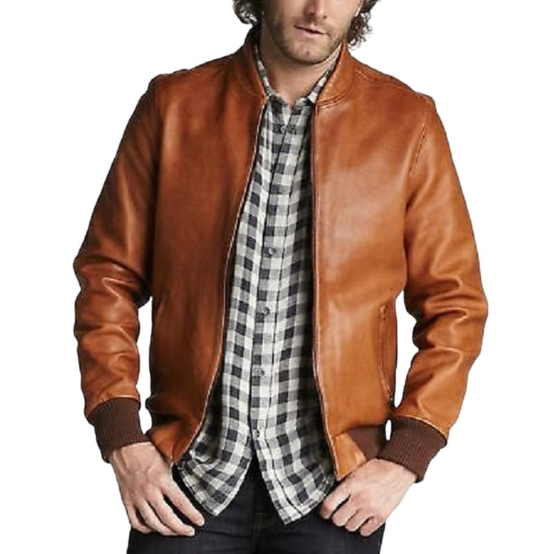 Men's Bomber Brown 100% Genuine Lambskin Leather Lightweight Soft Satin lining Jackets for Men - L Size
