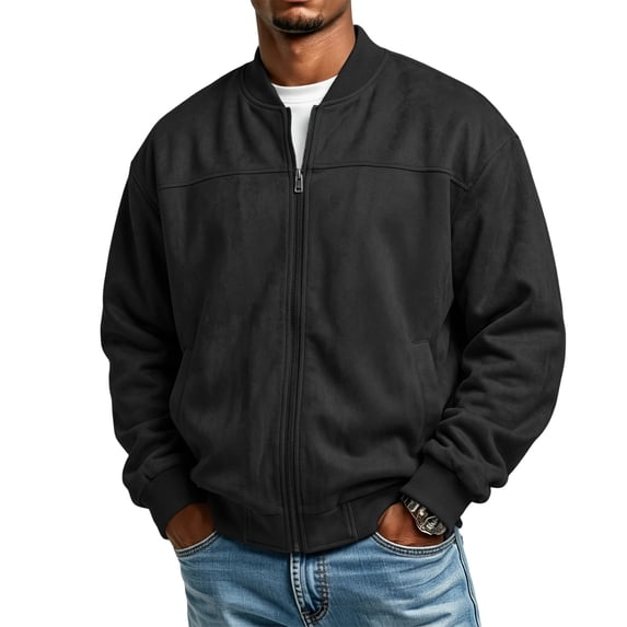 Men's Bomber Jacket Full Zip Long Sleeve Casual Jacket with Ribbed Collar Side Pockets Regular Fit Lightweight Outerwear Black XXXL