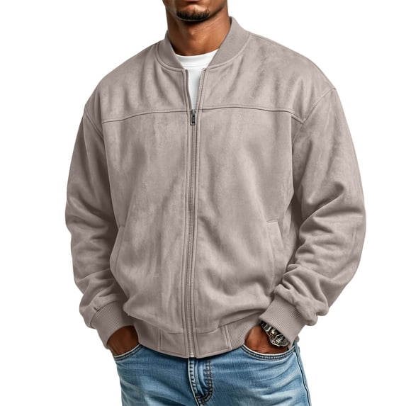 Men's Bomber Jacket Full Zip Long Sleeve Casual Jacket with Ribbed Collar Side Pockets Regular Fit Lightweight Outerwear Gray XL