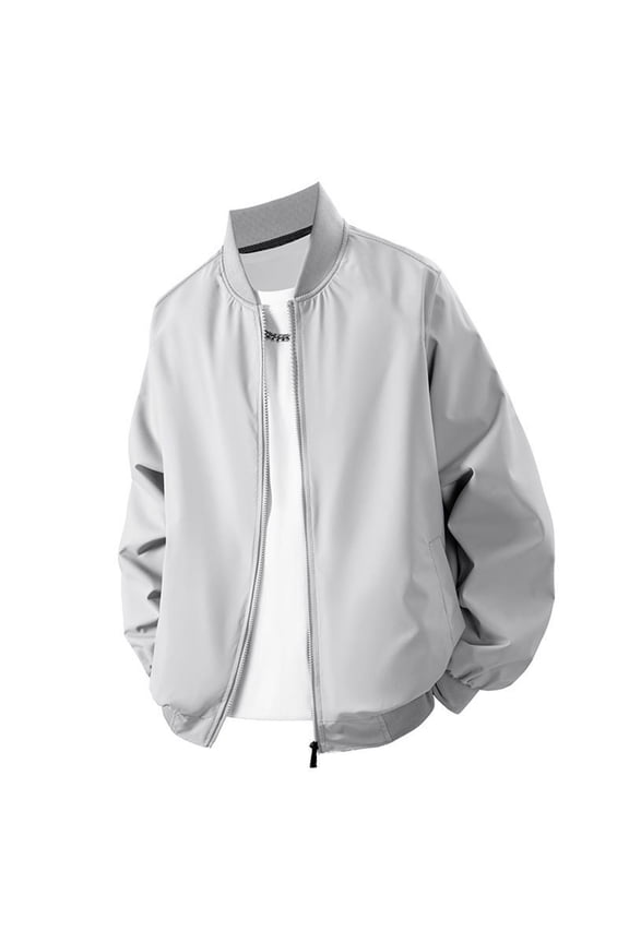 Men's Bomber Jacket Lightweight Causal Crew Neck Fashion Full Zip Jackets Long Sleeve Water Resistant Athletic Coat (L, Gray)