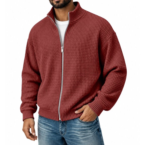 Men's Bomber Jacket Long Sleeve Waffle Casual Jackets Fall Fashion Warm Full-Zip Sweater Jacket for Travel Outdoor Coat with Pockets