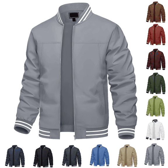 Men's Bomber Jacket Long Sleeve Zip Up Ribbed Trim Coat Lightweight Windproof Warm Trendy Fall Casual Outerwear with Pocket Army Green XL
