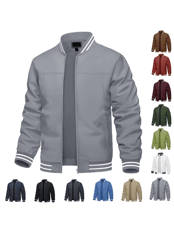 Men's Bomber Jacket Long Sleeve Zip Up Ribbed Trim Coat Lightweight Windproof Warm Trendy Fall Casual Outerwear with Pocket Fluorescent Green L