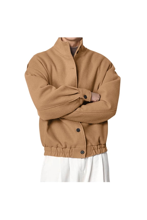 Men's Bomber Jacket Tweed Stand Collar Short Jacket Windproof Ribbed Hem Fall Coats for Men Brown M