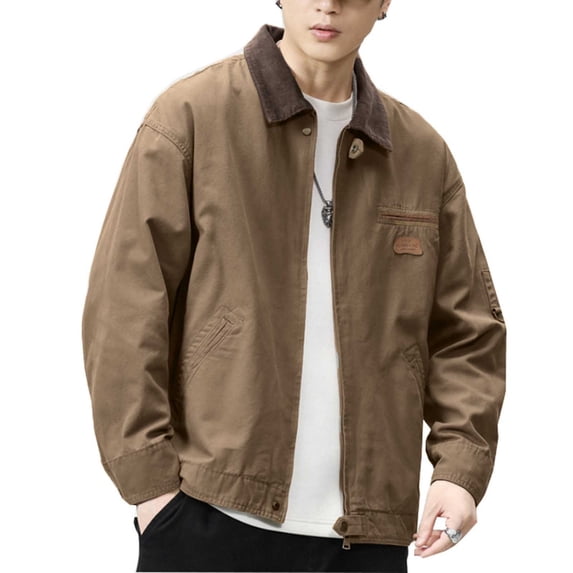 Men's Bomber Jacket Workwear Cotton Canvas Lightweight Casual Vintage Trucker Jacket with Zipper Pocket Big and Tall Size S-4XL Khaki
