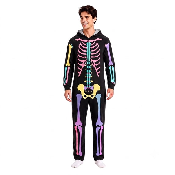 Men's Bones Print Jumpsuit Halloween Dress Up Suit Black L