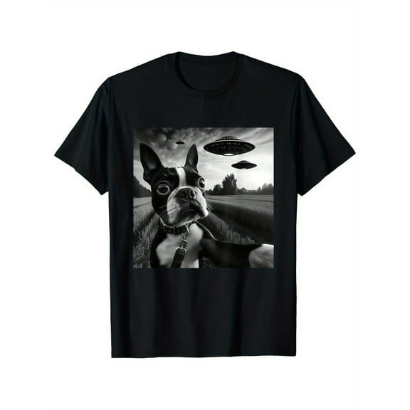 Men's Boston Terrier & Alien Selfie Graphic Tee - 100% Cotton, Comfort Fit Crew Neck T-Shirt for Pet Lovers & Sci-Fi Enthusiasts, Breathable & Durable, Black