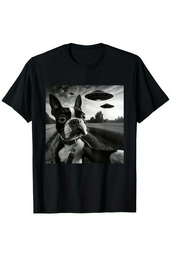Men's Boston Terrier & Alien Selfie Graphic Tee - 100% Cotton, Comfort Fit Crew Neck T-Shirt for Pet Lovers & Sci-Fi Enthusiasts, Breathable & Durable, Black