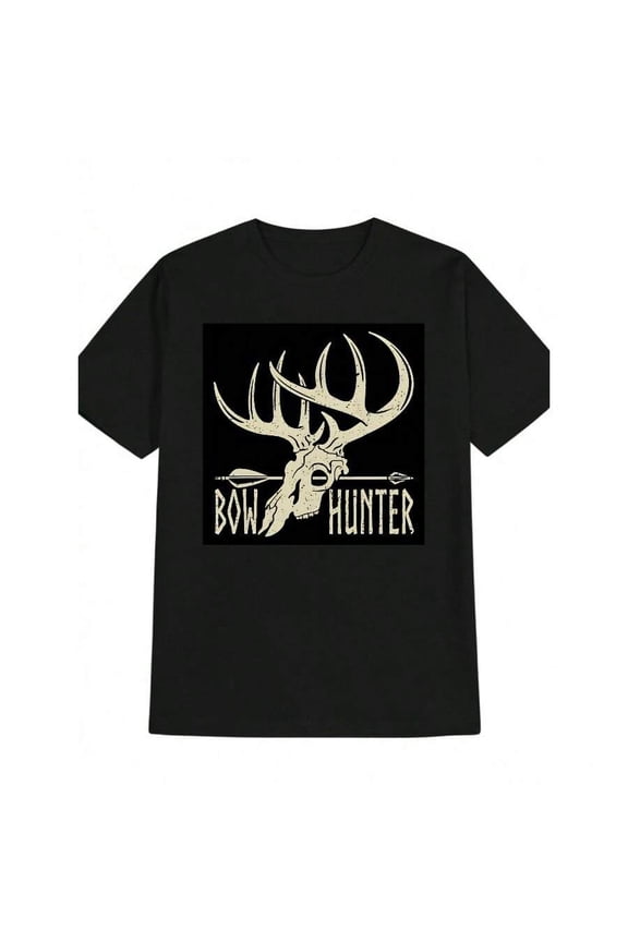 Men's Bow Hunter Deer Skull Graphic T-Shirt, Archery Hunting Short Sleeve Tee, Black