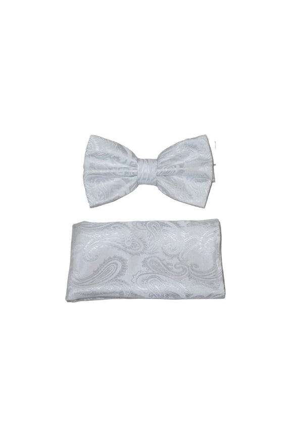 Men's Bow Tie Hankie J.Valintin Tuxedo or Business #Bt52 White Paisley