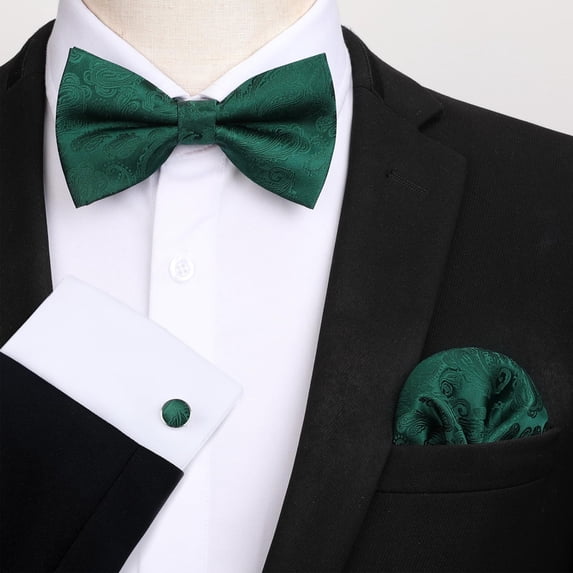 Paisley Bow Tie for Men Green Pre-Tied Bowtie Pocket Square Cufflinks Set Formal Wedding Party Prom