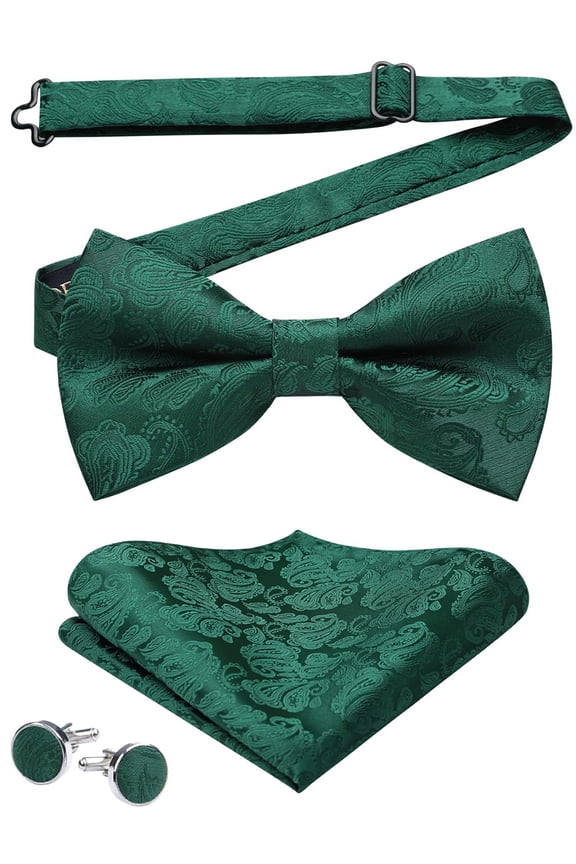 Paisley Bow Tie for Men Green Pre-Tied Bowtie Pocket Square Cufflinks Set Formal Wedding Party Prom