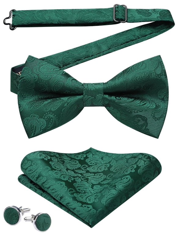 Green Paisley Bow Tie for Men Pre-Tied Bowtie Pocket Square Cufflinks Set Formal Wedding Party Prom