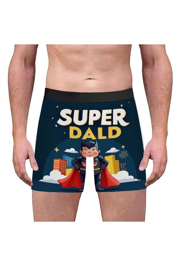 Men's Boxer Briefs - Cartoon Hero Design with Cityscape Clouds & Stars - ' SUPER DALD ' Graphic Underwear