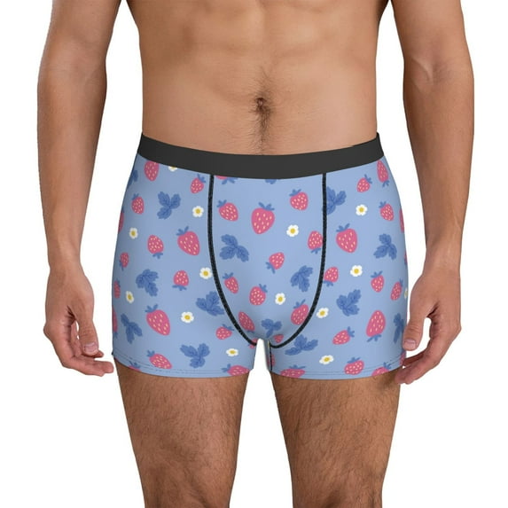 Men's Boxer Briefs, Cute Strawberry Flowe Blue Soft Comfy Mens Underwear Boxer Briefs Breathable With Widen Waist