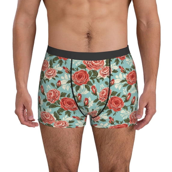 Men's Boxer Briefs, Green White Leaves Rose Flowers Soft Comfy Mens Underwear Boxer Briefs Breathable With Widen Waist