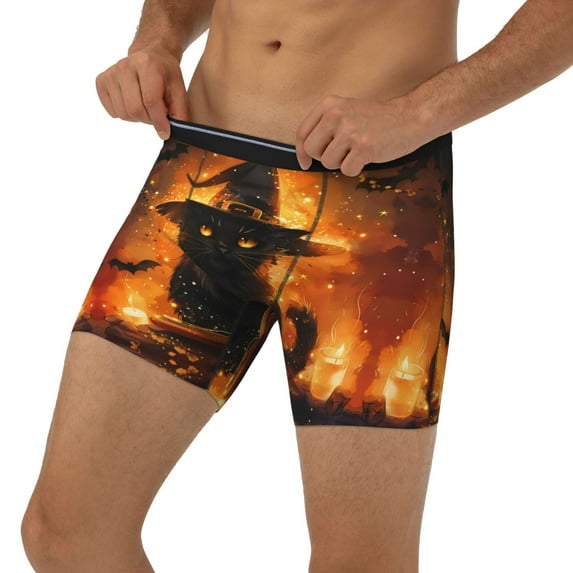 Men's Boxer Briefs, Halloween Witch Hat Black Cat A Soft and Breathable Mens Underwear Boxer Briefs With Widen Waist