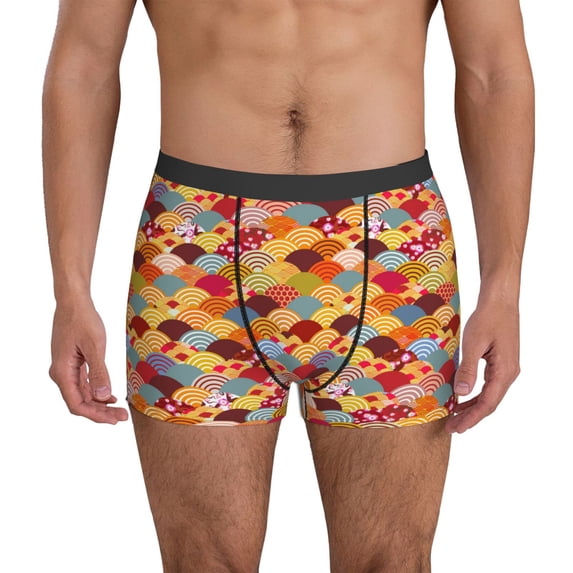 Men's Boxer Briefs, Japanese Style Fish Scales Soft Comfy Mens Underwear Boxer Briefs Breathable With Widen Waist