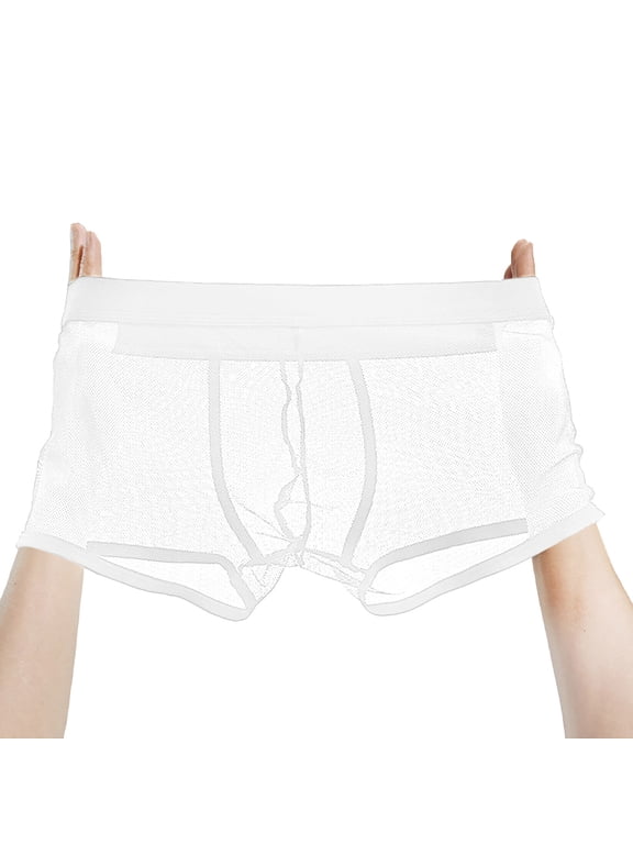 Men's Boxer Briefs Mesh Underwear Breathable See Through Hollow Trunks Lingerie Shorts Clubwear White S