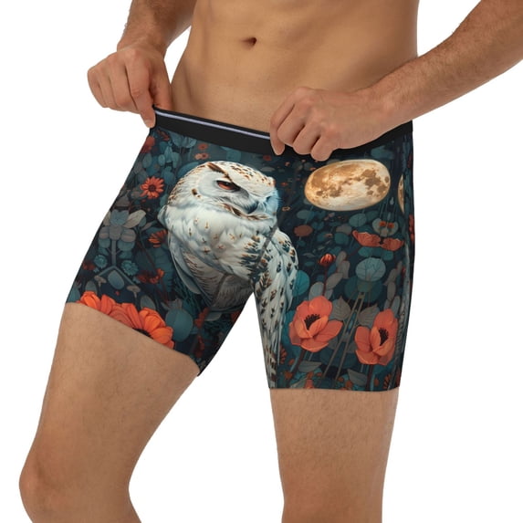 Men's Boxer Briefs, Moon Flower White Owl Soft and Breathable Mens Underwear Boxer Briefs With Widen Waist