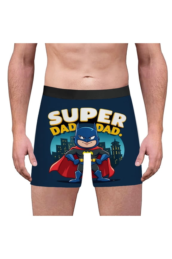 Men's Boxer Briefs - ' Super Dad ' Cartoon Print Blue Suit Red Cape City Skyline Dark Blue with Black Waistband