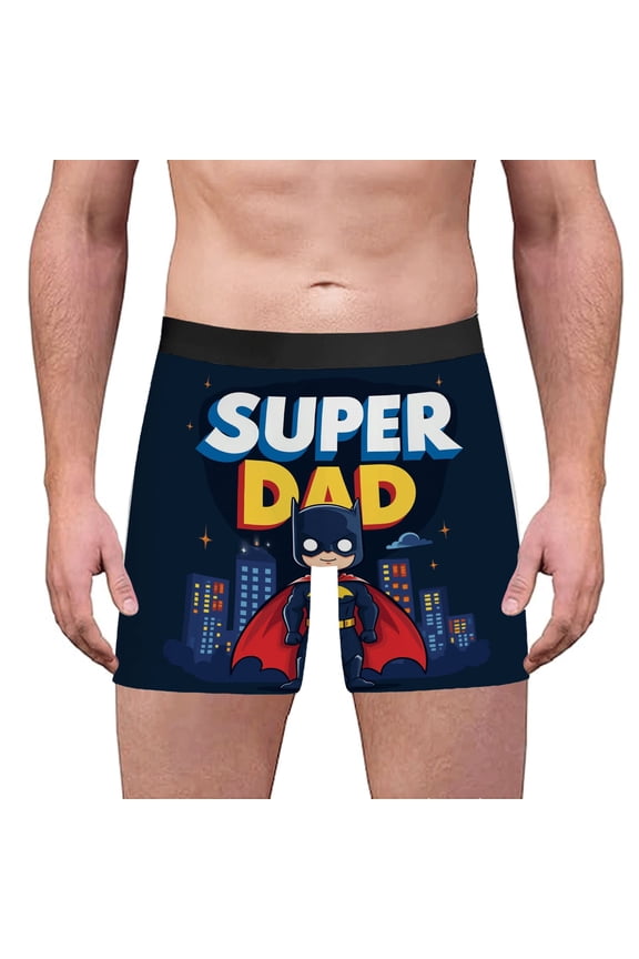 Men's Boxer Briefs - ' Super Dad ' Design with Cartoon Hero Cityscape Night Sky and Colorful Text - Fun & Comfortable