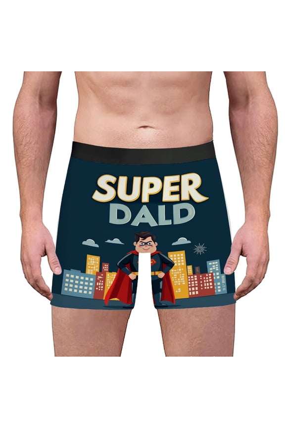 Men's Boxer Briefs - ' Super Dad ' Design with Cartoon Hero Cityscape Red Cape Bold Yellow Text Fun & Comfortable