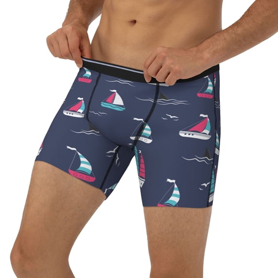 Men's Boxer Briefs, cartoon boat shark fins blue Soft and Breathable Mens Underwear Boxer Briefs With Widen Waist