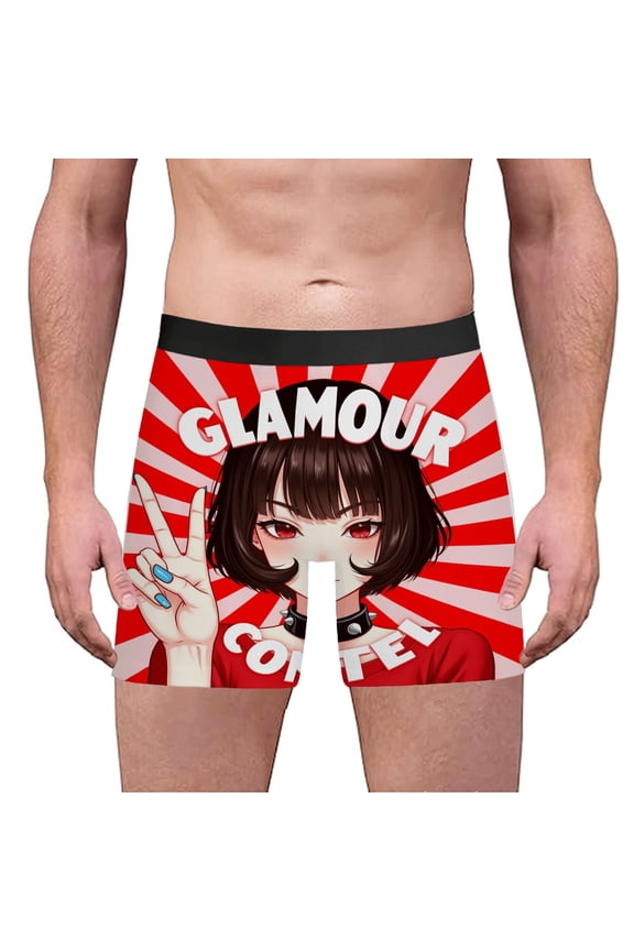 Men's Boxer Briefs with Anime Character Design - Vibrant Red & White Peace Sign ' GLAMOUR CONFECTION ' Text Retro Style