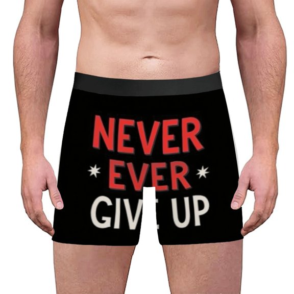 Men's Boxer Briefs with Bold Red & White ' NEVER EVER GIVE UP ' Design on Waistband - Comfortable & Motivational Underwear