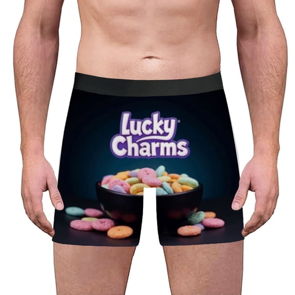 Men's Boxer Briefs with Colorful Cereal Print - Design in Vibrant Colors on Dark Background