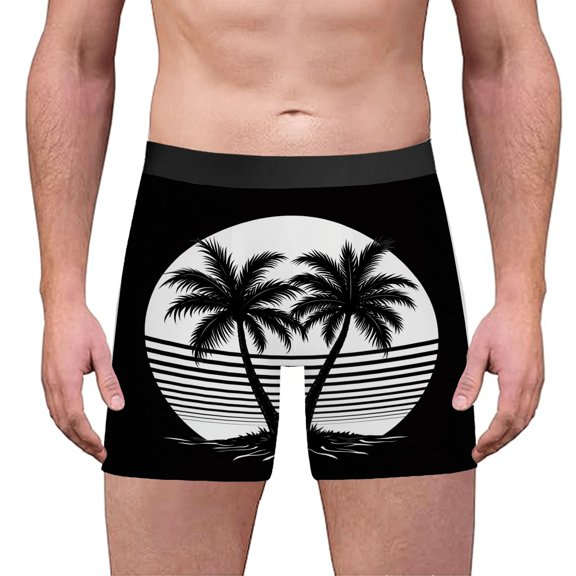 Men's Boxer Briefs with Tropical Palm Tree Design - Silhouetted Against a Moon Sun with Horizon Stripes - Beach Vibes