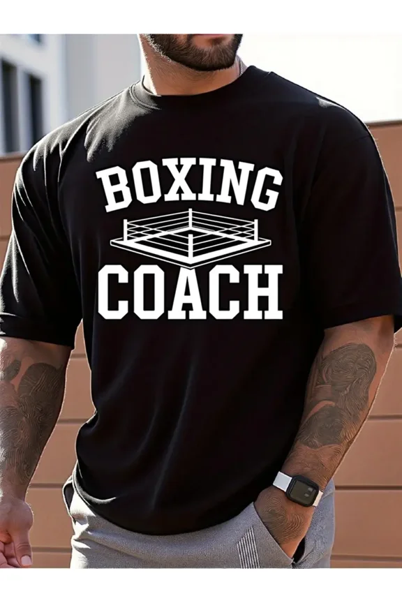 Men's & Boxing Coach T-Shirt - Heavy-Duty Boxing Ring & Punch Icon Print, Breathable Cotton Slim Fit Gym Training Tee, Unisex Casual Sportswear for Coaches, Boxers, Boxing