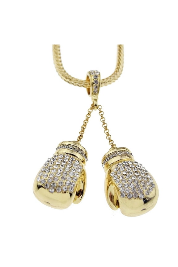 Men's Boxing Gloves Pendant Chain Iced Bling Gold Finish 36" In Franco Necklace