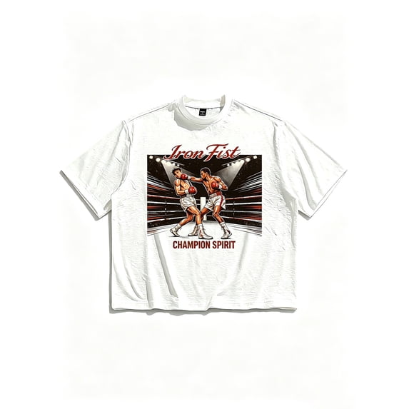 Men's Boxing Iron Fist Graphic T-Shirt Cotton White Short Sleeve Crewneck Oversized