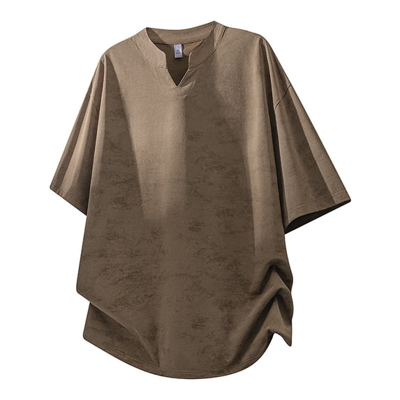 Men's Boxy Short Sleeve Band Collar V Neck Loose Fit Shirt Streetwear Oversized Textured Pullover Tops Summer Casual Beach Vacation Tee Soft Lightweight Fashion