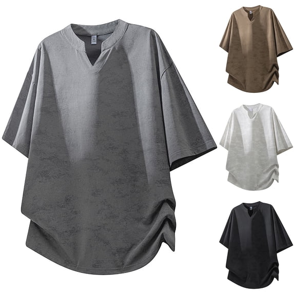 Men's Boxy Short Sleeve Band Collar V Neck Loose Fit Shirt Streetwear Oversized Textured Pullover Tops Summer Casual Beach Vacation Tee Soft Lightweight Fashion