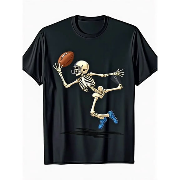 Men's & Boys' American Football Skeleton Graphic T-Shirt - 220gsm Heavyweight Casual Round Neck Short Sleeve, Black with White Skeleton Football Player & Football Design