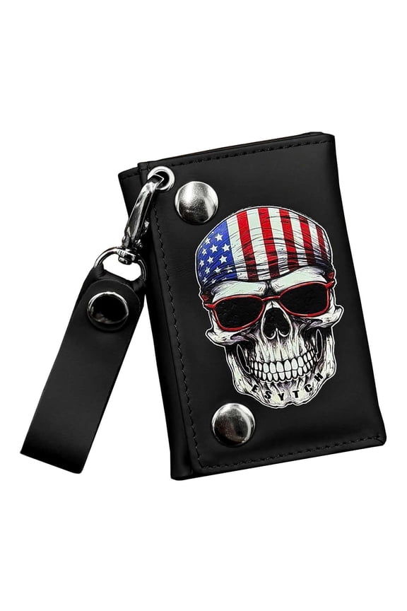 Men's Boys Gift Leather Wallet Skull Punk Money Wallet Purse With Chain