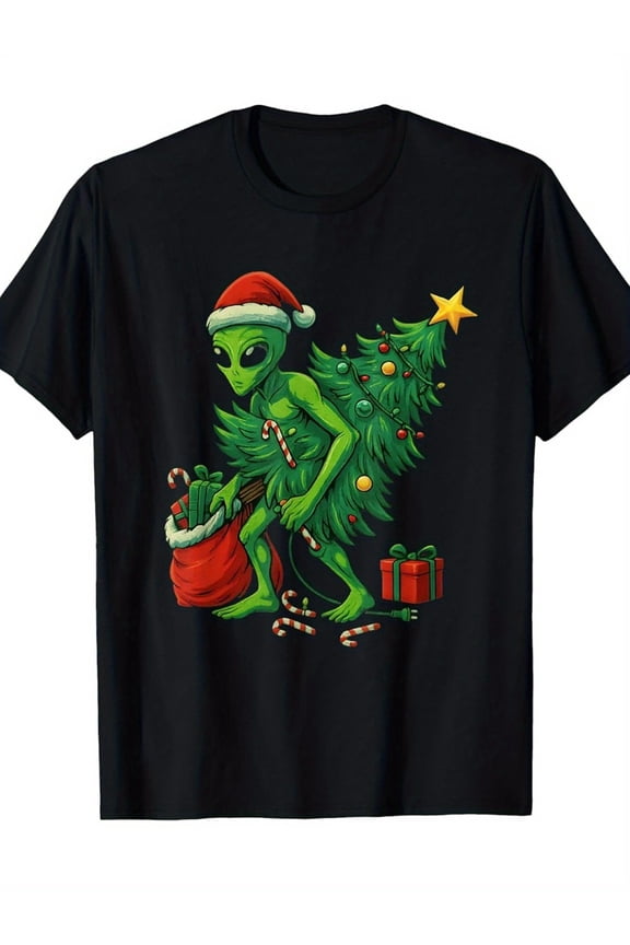Men's & Boys' Retro Alien Xmas Tree Lights T-Shirt - Soft Breathable Cotton Black Short Sleeve Top with Funny Alien & Christmas Tree Graphic - Casual Humor Clothing for Year-Round Wear & Xmas Parties