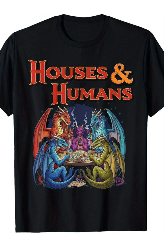 Men's & Boys' Retro RPG T-Shirt - Houses & Humans D&D Parody Design with Dragon & Wizard Card Game Art - 100% Loose Fit Casual Gamer Tee for Tabletop Gaming Fans, Gift Idea