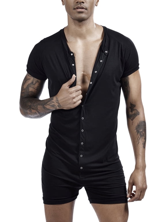 Men’s Boyshorts Jumpsuit Short Sleeve Henley Pajamas Button Down Romper Stretchy Cotton One Piece Bodysuit Underwear Black Large