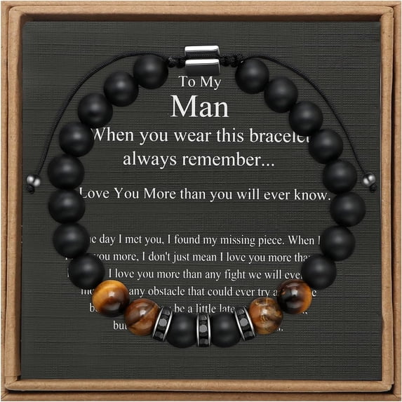 Men's Bracelet, Adjustable 8mm Men's Tiger Eye Black Matte Onyx Beads Bracelet for Boyfriend Husband Grandson