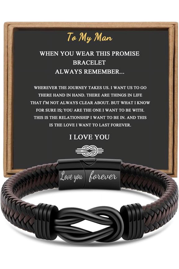 Men's Bracelet for Dad, Husband, Boyfriend, Son, Grandson, Brother, Nephew, Uncle, Brown Braided Leather, Connected Forever, Stainless Steel Jewelry, 7.5|8.5|15 Inch