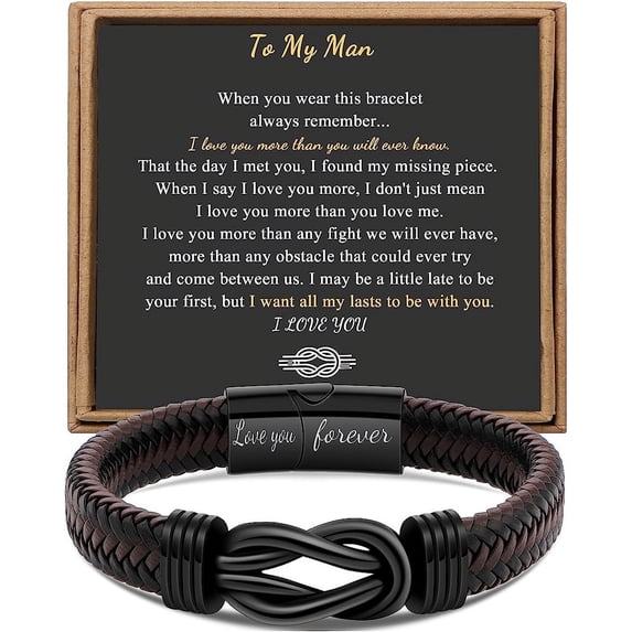 Men's Bracelet for Dad, Husband, Boyfriend, Son, Grandson, Brother, Nephew, Uncle, Brown Braided Leather, Connected Forever, Stainless Steel Jewelry, 7.5|8.5|49 Inch