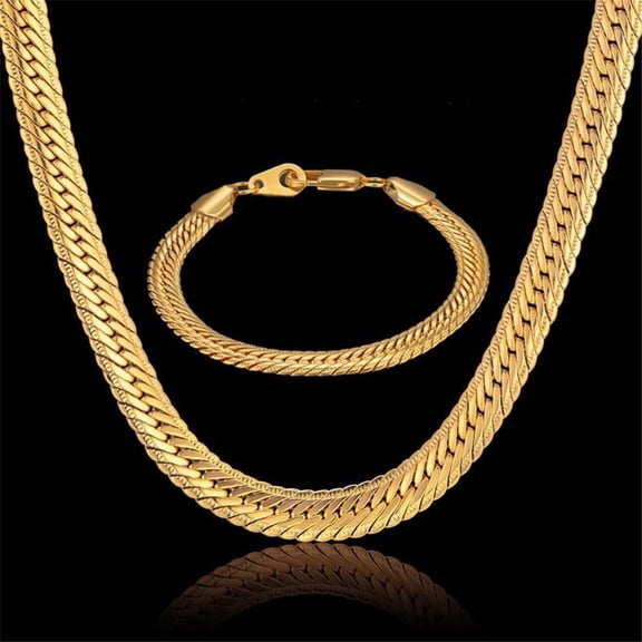 Men's Bracelets 8MM Curb Flat Snake Link Chain 14K Yellow Gold Necklaces For Women Vintage Jewelry Sets D409